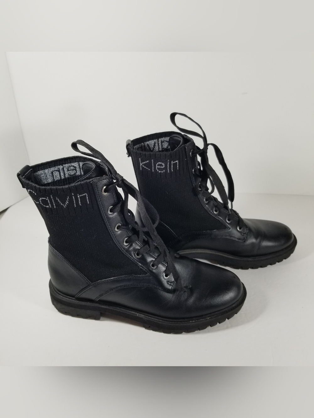 Calvin Klein Galica Combat Boots Women's 7.5M Black Lace Up Logo Stretch